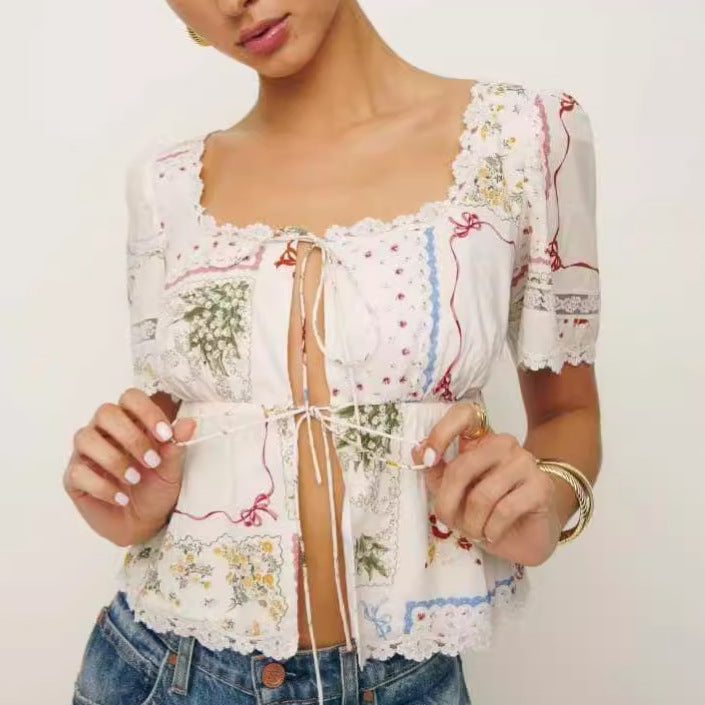 Printed Lace U-Neck Short Sleeve Shirt