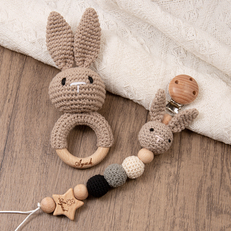Handmade Crochet Baby Pacifier Chain with Wooden Rattle