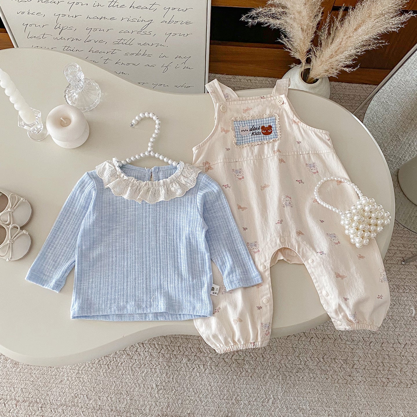 Infant Girls' Cotton Overalls and Lace Collar Shirt Set