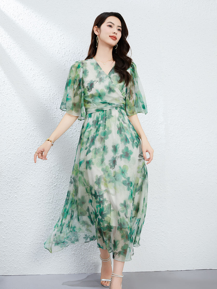 Elegant Mulberry Silk Dress with V-Neck and Floral Print