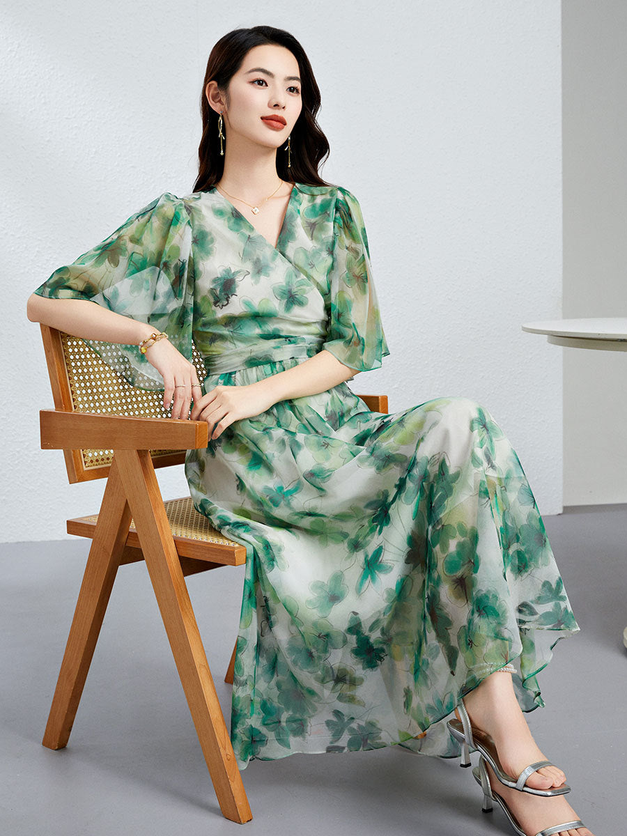 Elegant Mulberry Silk Dress with V-Neck and Floral Print