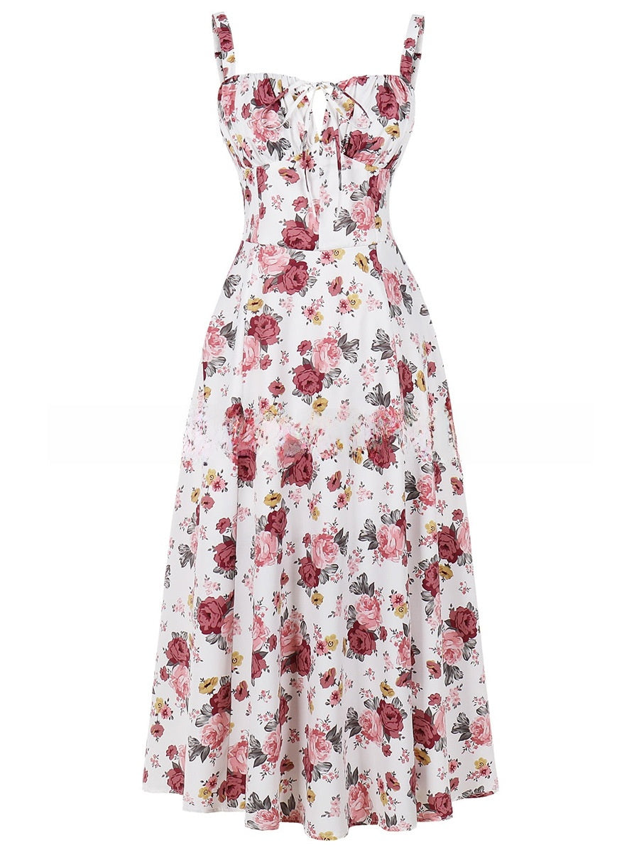 Summer Printed Tie-Up Strap Dress with Back Tie Long Dress
