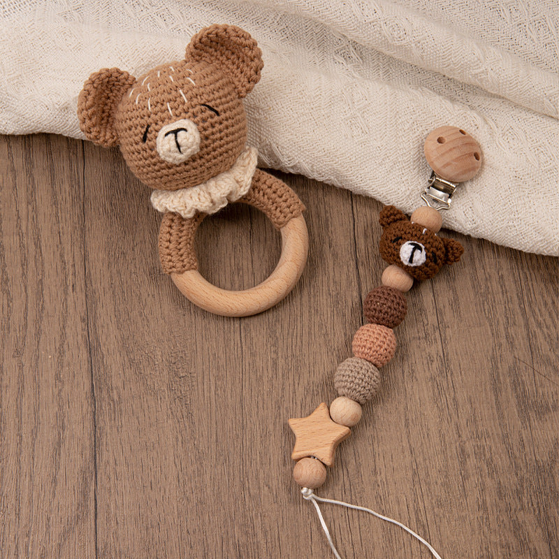 Handmade Crochet Baby Pacifier Chain with Wooden Rattle