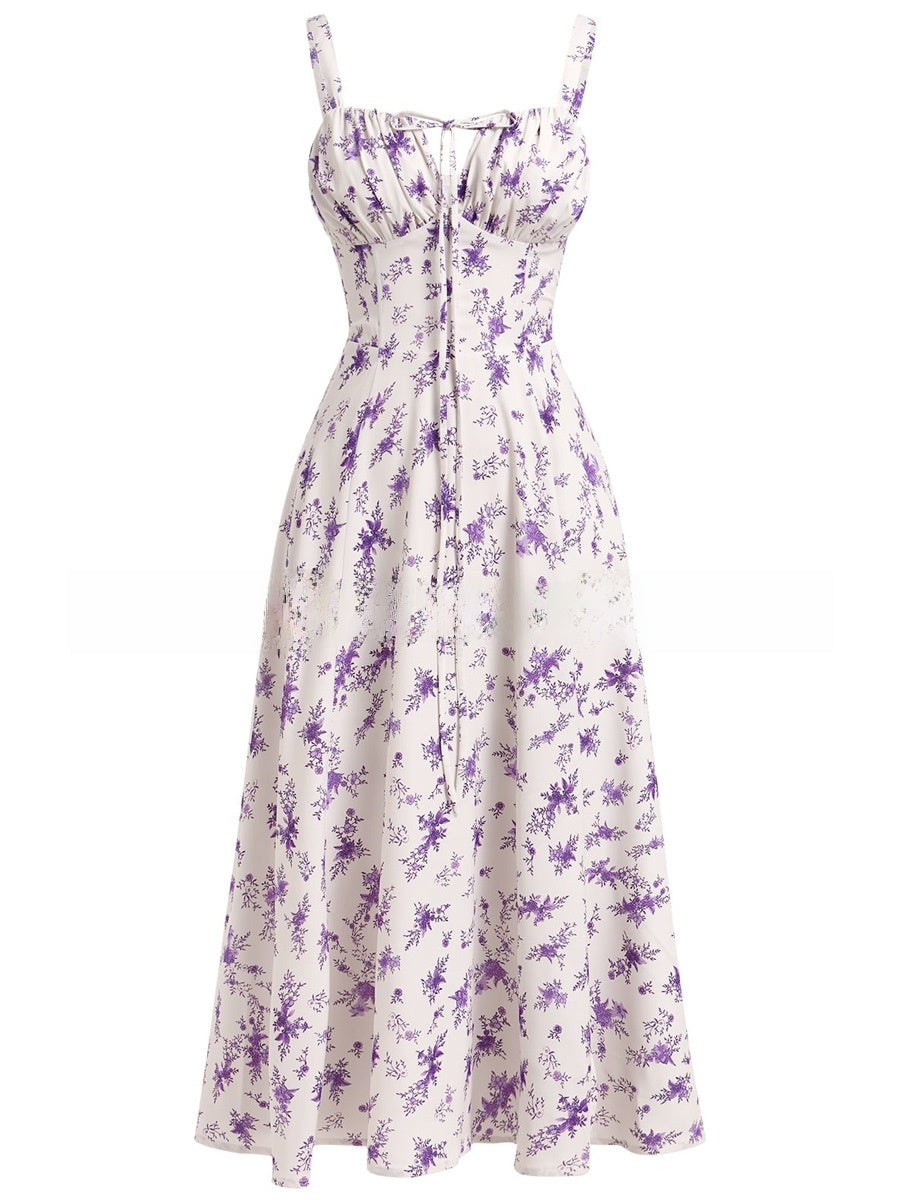 Summer Printed Tie-Up Strap Dress with Back Tie Long Dress