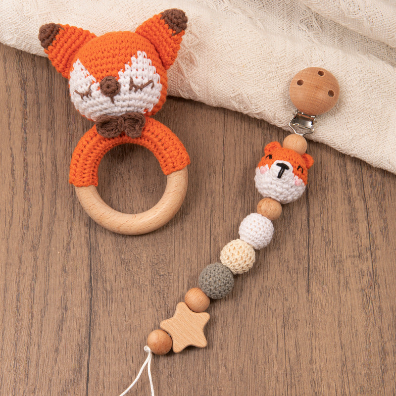 Handmade Crochet Baby Pacifier Chain with Wooden Rattle