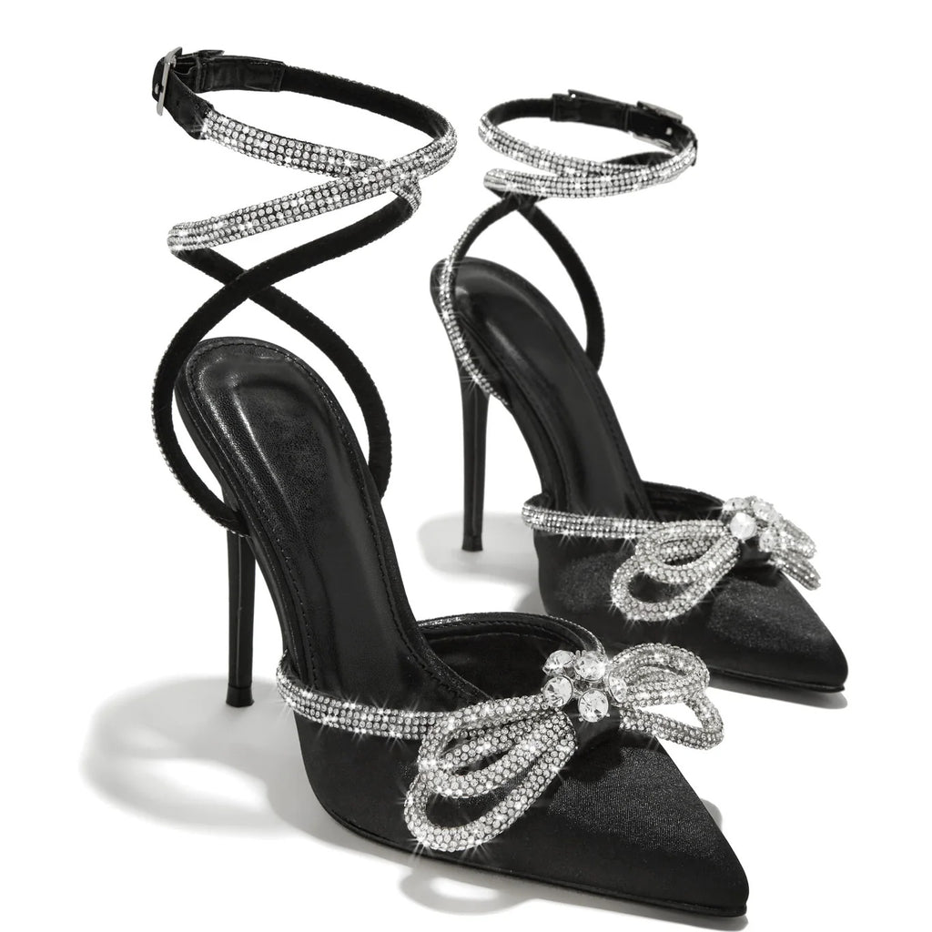Pointed Rhinestone Bow Strap High Heels