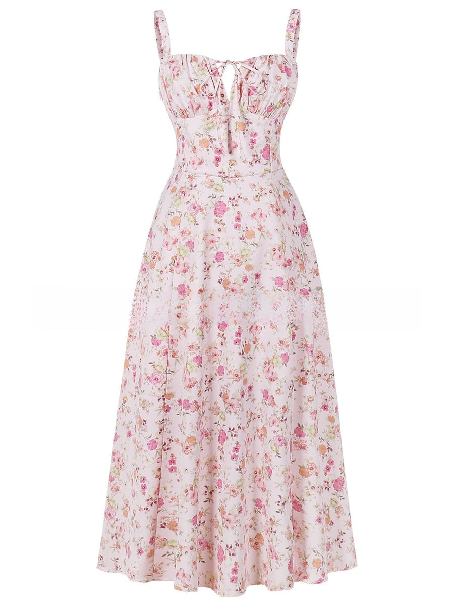 Summer Printed Tie-Up Strap Dress with Back Tie Long Dress