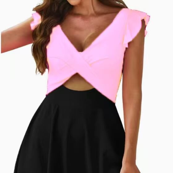 One-piece swimming suit with frilled cross-shaped skir