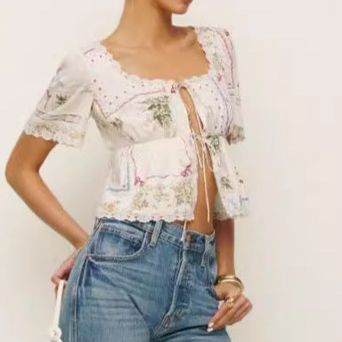 Printed Lace U-Neck Short Sleeve Shirt