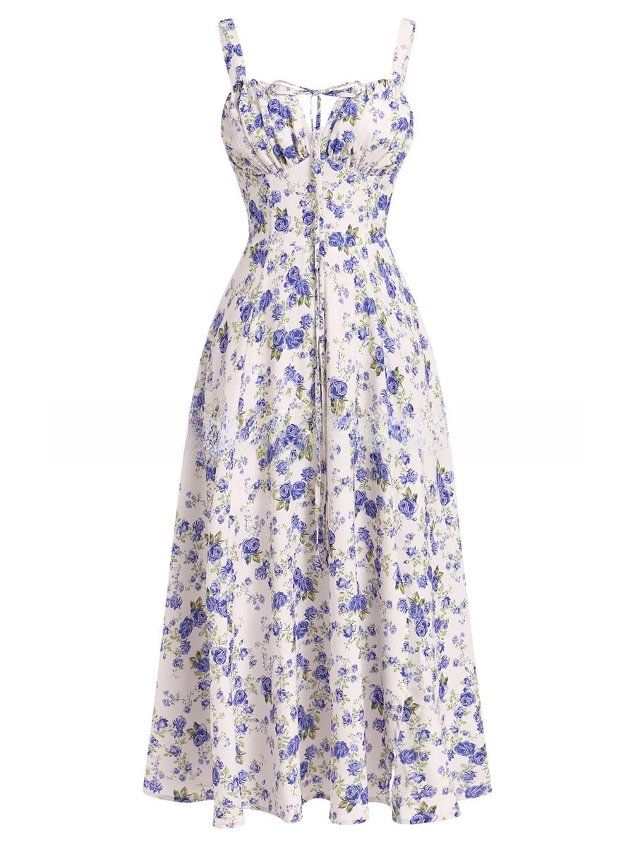 Summer Printed Tie-Up Strap Dress with Back Tie Long Dress