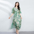 Elegant Mulberry Silk Dress with V-Neck and Floral Print