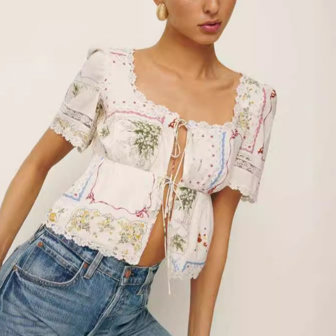 Printed Lace U-Neck Short Sleeve Shirt