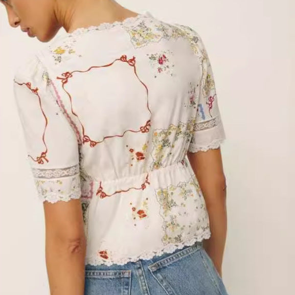 Printed Lace U-Neck Short Sleeve Shirt