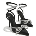 Pointed Rhinestone Bow Strap High Heels