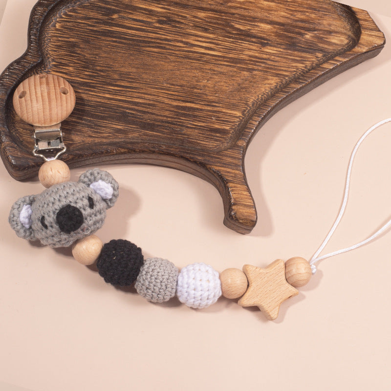 Handmade Crochet Baby Pacifier Chain with Wooden Rattle