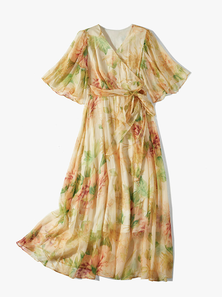 Elegant Mulberry Silk Dress with V-Neck and Floral Print