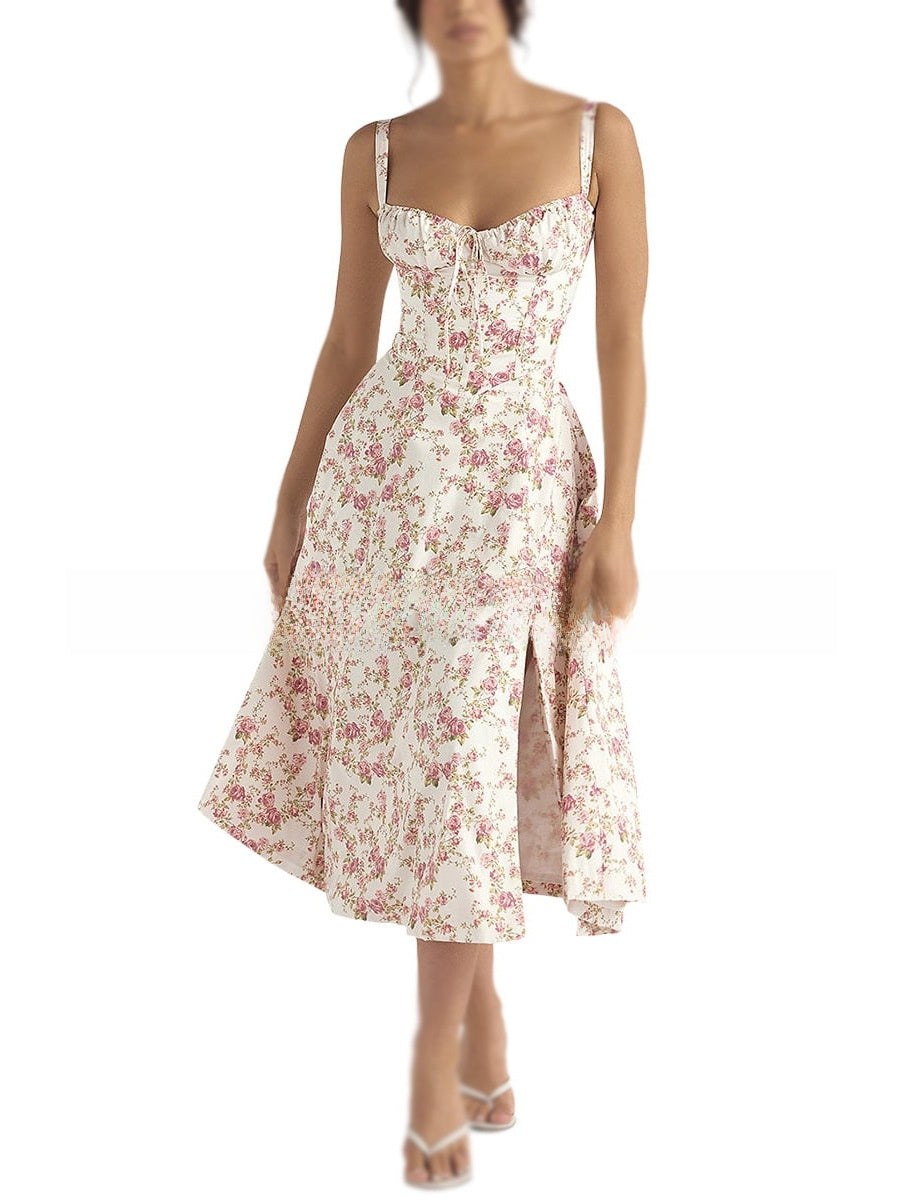 Summer Printed Tie-Up Strap Dress with Back Tie Long Dress