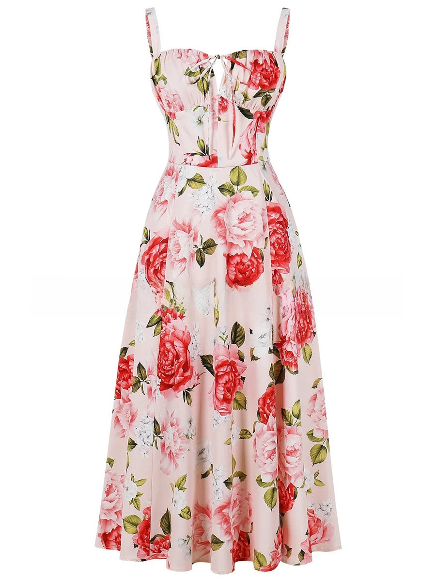 Summer Printed Tie-Up Strap Dress with Back Tie Long Dress