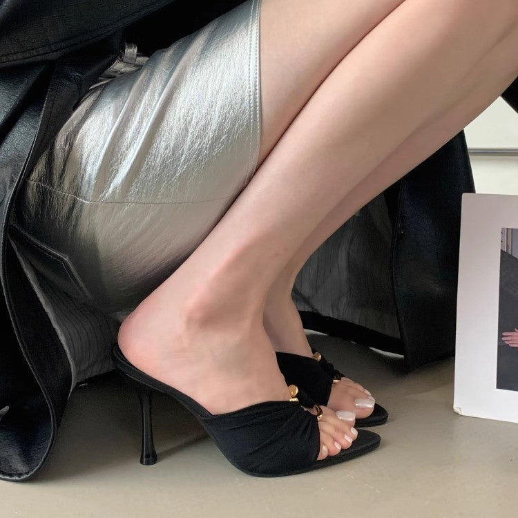 Summer Open Toe Fan Pointed Satin High Heels