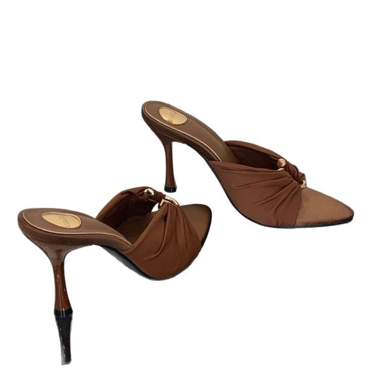 Summer Open Toe Fan Pointed Satin High Heels