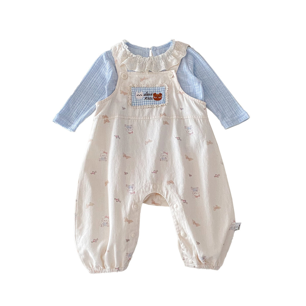 Infant Girls' Cotton Overalls and Lace Collar Shirt Set