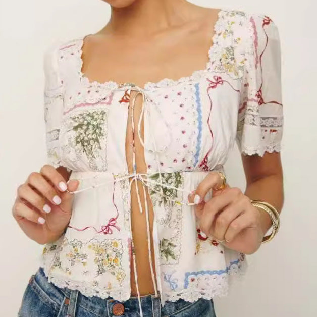 Printed Lace U-Neck Short Sleeve Shirt