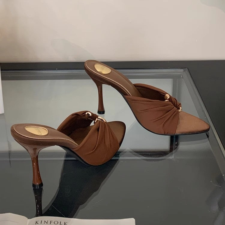 Summer Open Toe Fan Pointed Satin High Heels