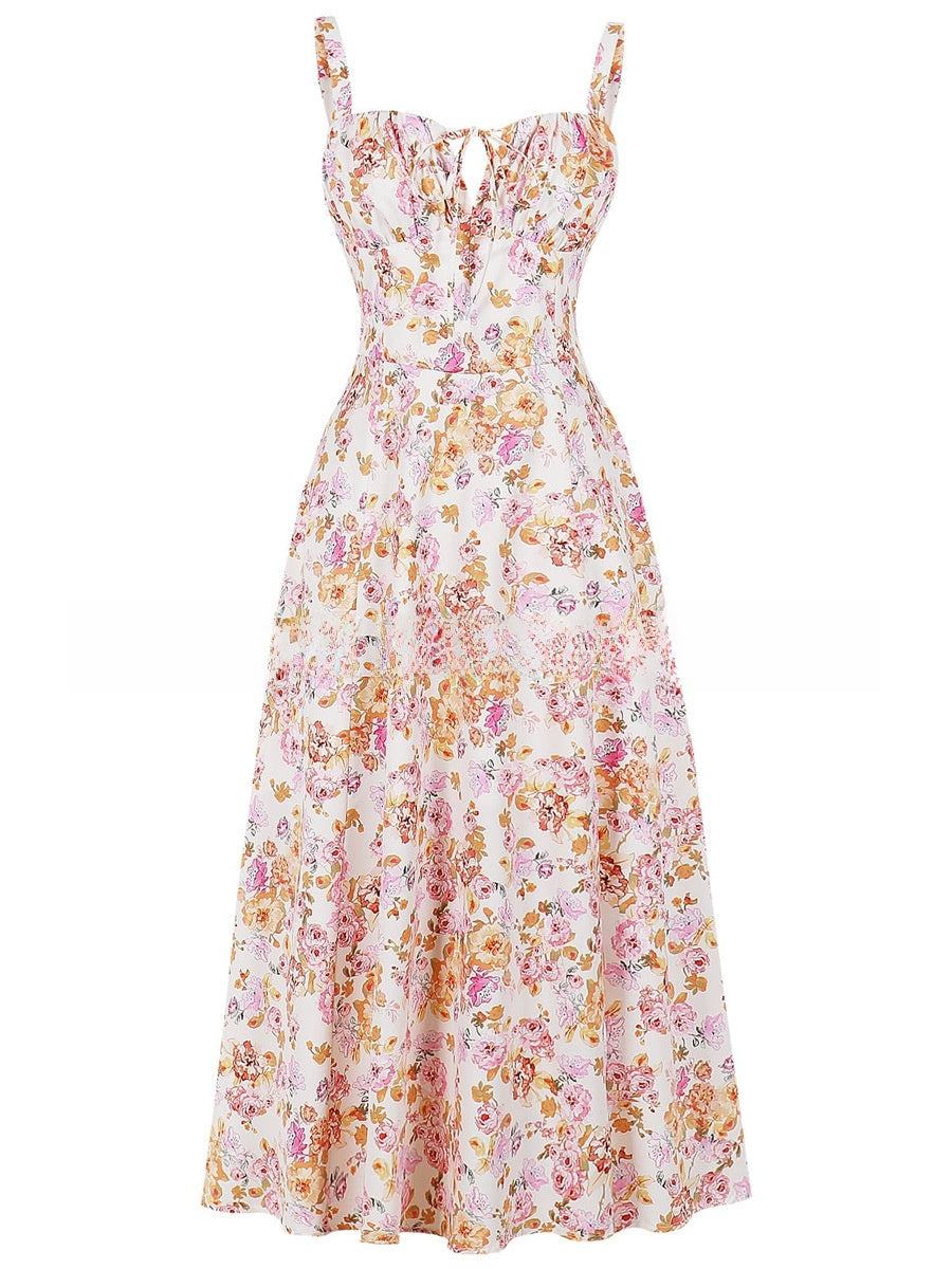 Summer Printed Tie-Up Strap Dress with Back Tie Long Dress