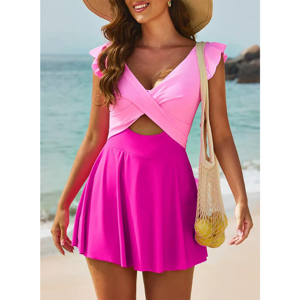 One-piece swimming suit with frilled cross-shaped skir
