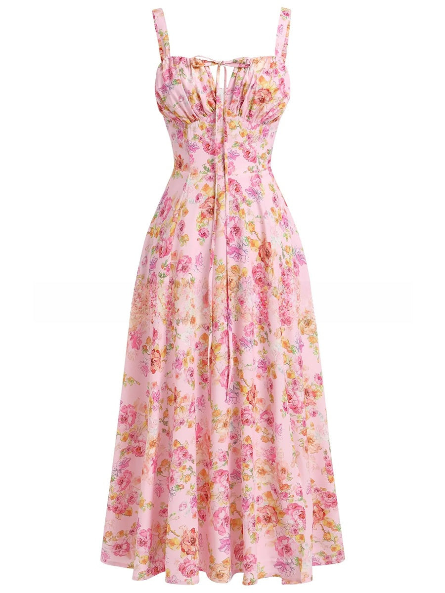 Summer Printed Tie-Up Strap Dress with Back Tie Long Dress