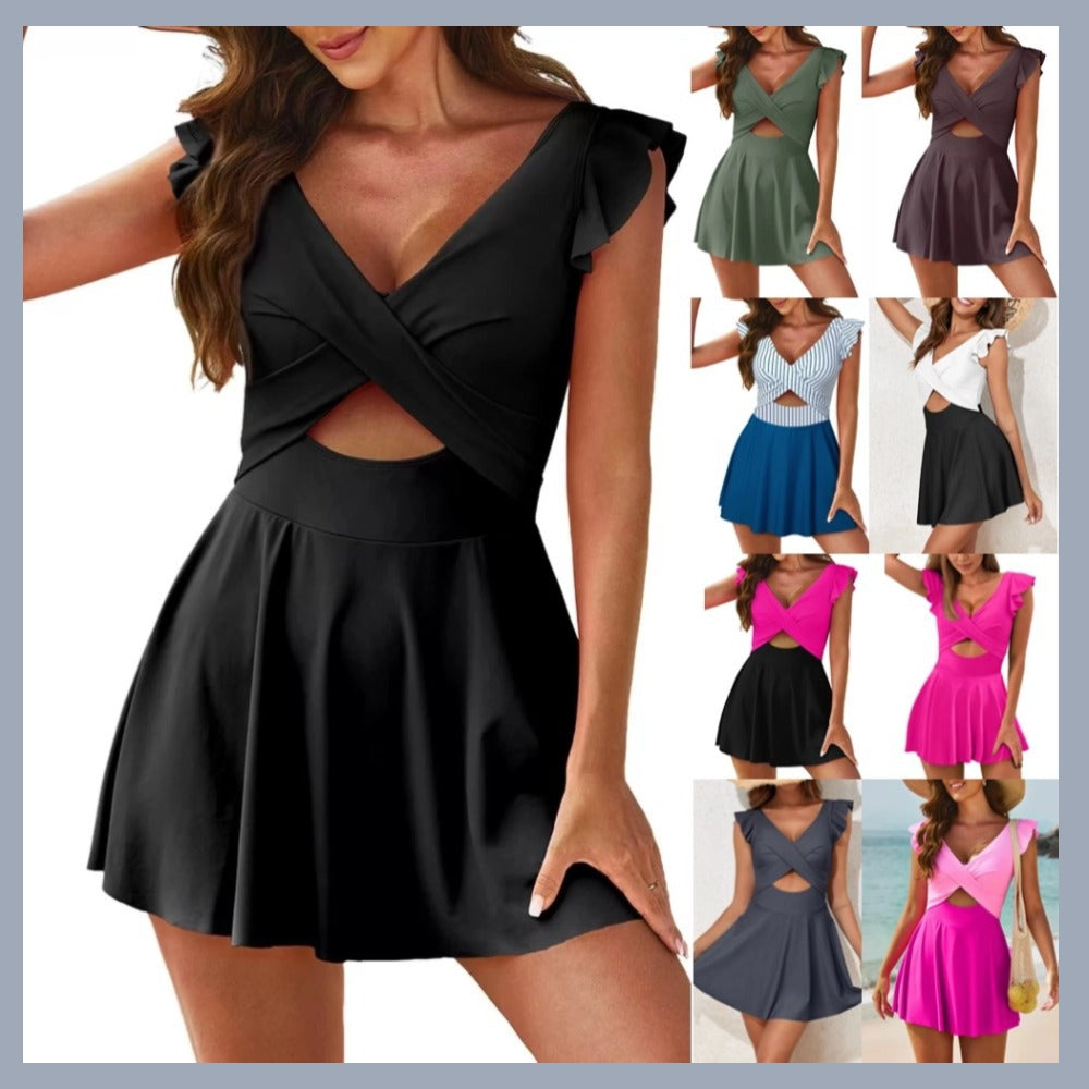 One-piece swimming suit with frilled cross-shaped skir