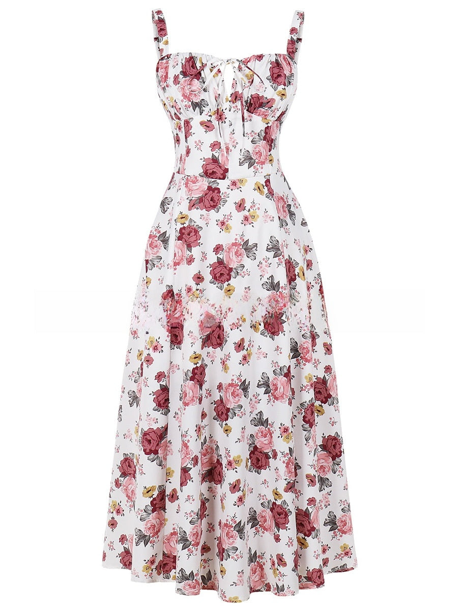 Summer Printed Tie-Up Strap Dress with Back Tie Long Dress