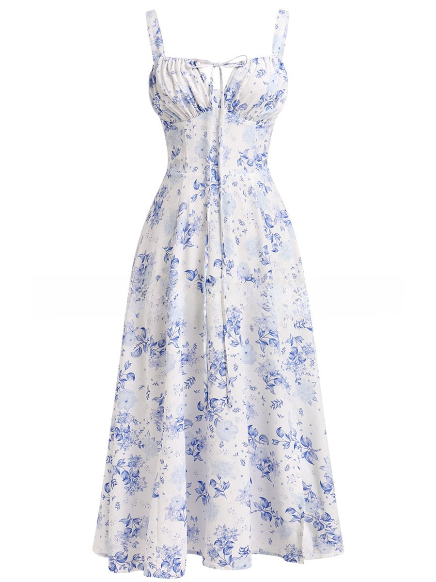 Summer Printed Tie-Up Strap Dress with Back Tie Long Dress