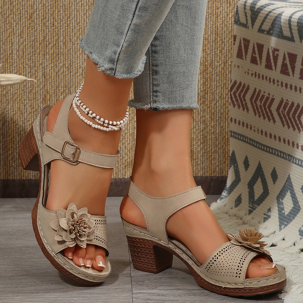 Wedge Platform Sandals with Floral Decoration
