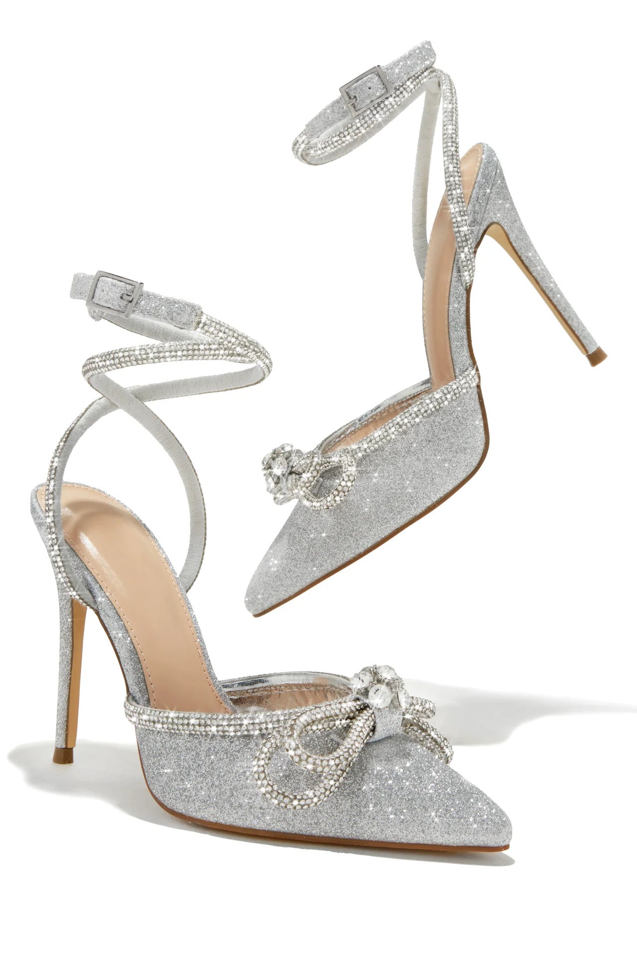 Pointed Rhinestone Bow Strap High Heels