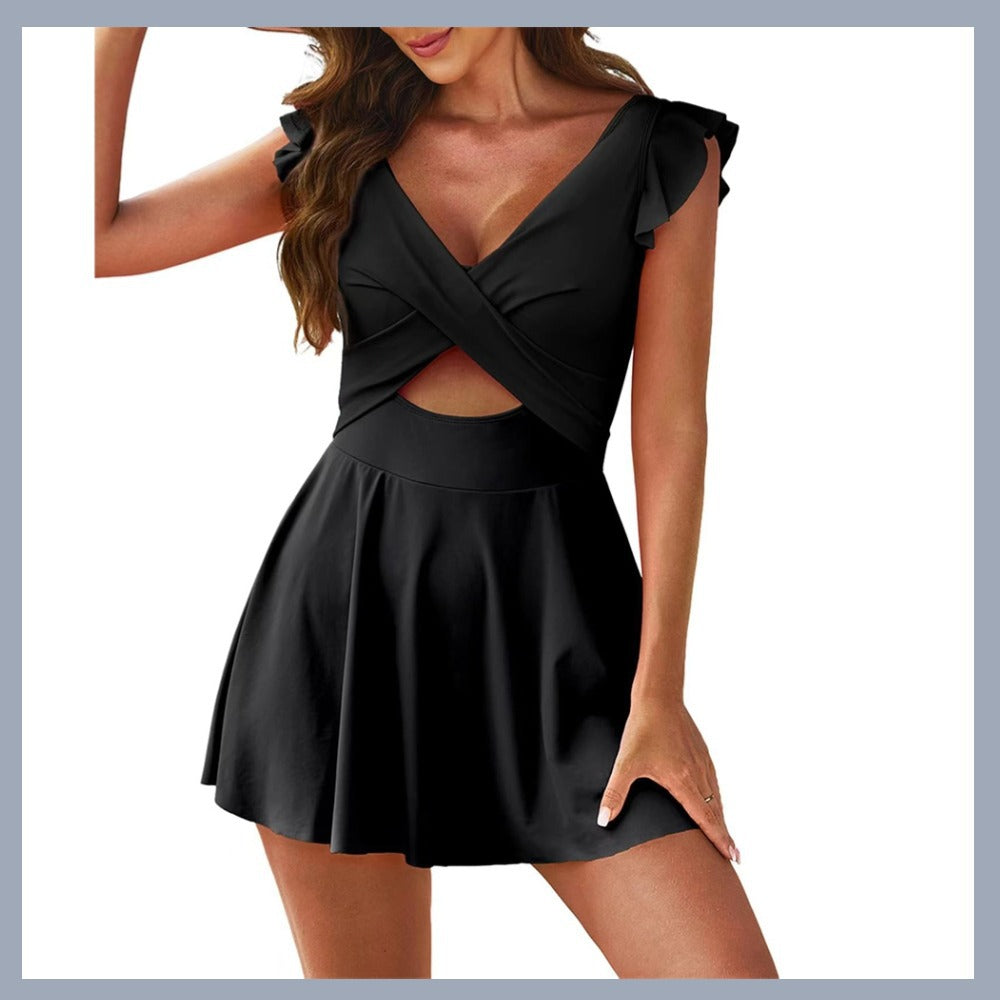One-piece swimming suit with frilled cross-shaped skir