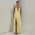 Womens Deep V Neck Backless Pleated Dress