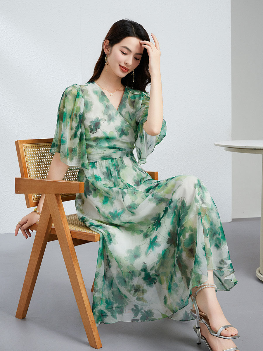 Elegant Mulberry Silk Dress with V-Neck and Floral Print
